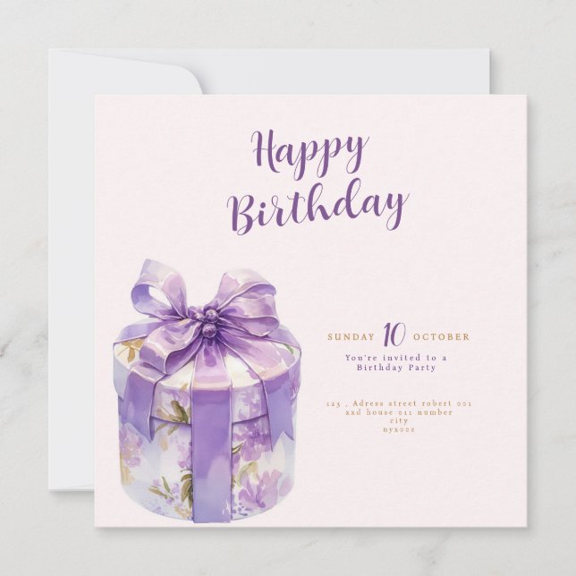 purple Happy birthday Gift box invitation (Front)