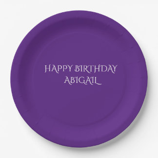 Purple happy birthday personalized name plates. paper plate