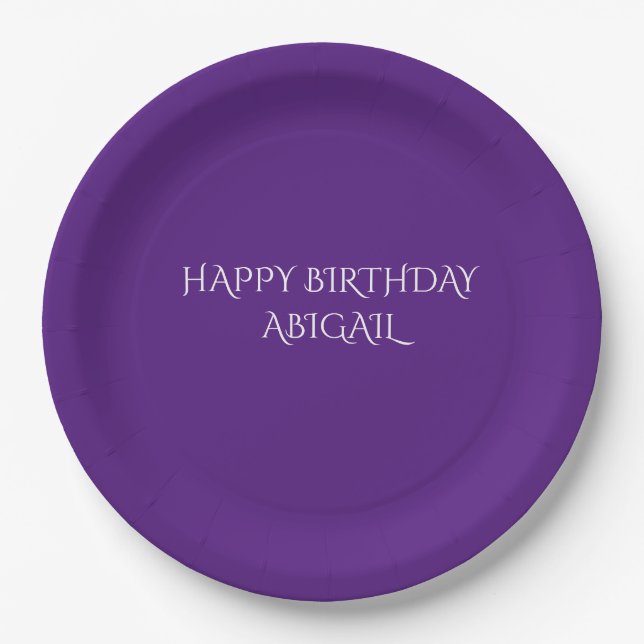 Purple happy birthday personalized name plates. paper plate (Front)