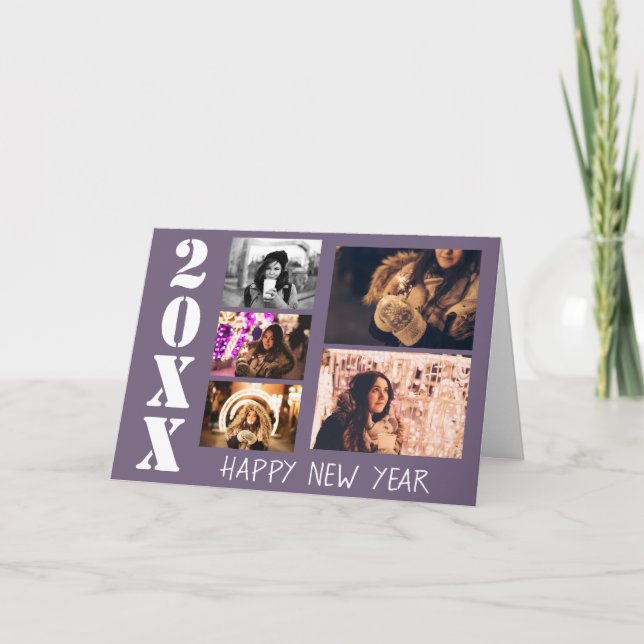 Purple Happy New Year 2026 5 Photo Collage Holiday Card (Front)