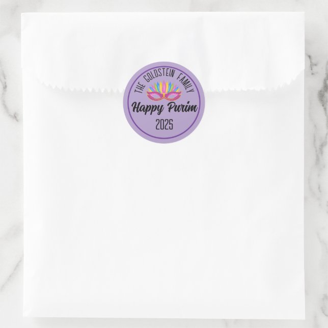 Purple Happy Purim Family Name Classic Round Sticker (Bag)