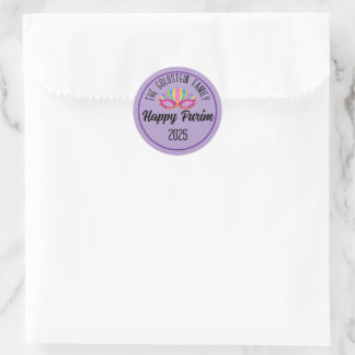 Purple Happy Purim Family Name Classic Round Sticker