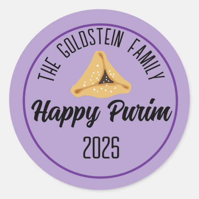 Purple Happy Purim Hamentashen Classic Round Stick Sticker (Front)