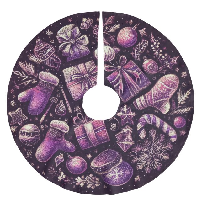 Purple Hard Pastels Drawing Christmas Motifs Brushed Polyester Tree Skirt (Front)