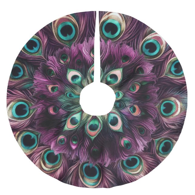Purple Hard Pastels Drawing Peacock Feathers Brushed Polyester Tree Skirt (Front)