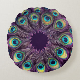Purple Hard Pastels Drawing Peacock Feathers Round Cushion