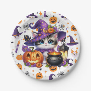 Purple Hat Cat For Halloween  Paper Plate