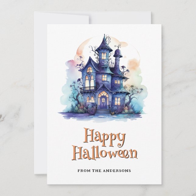 Purple Haunted House Ghost Pumpkin Halloween Card (Front)