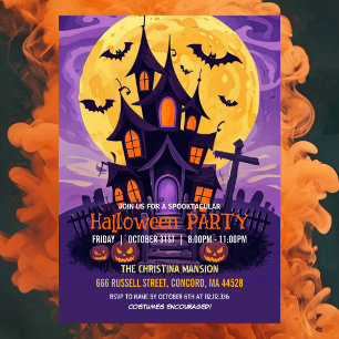 Purple Haunted House Halloween Party Invitation Fu