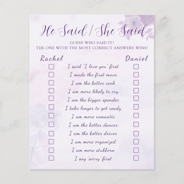 Purple He Said She Said Bridal Shower Game Flyer (Front)