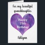 Purple Heart 15th Birthday Granddaughter<br><div class="desc">A personalised 15th birthday granddaughter card that features a  purple heart,  which you can personalise  underneath with her name. The inside of this 15th birthday card reads a sweet sentiment for her,  which can also be personalised if wanted. This would make a unique birthday keepsake for her.</div>