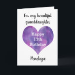 Purple Heart 17th Birthday Granddaughter Card<br><div class="desc">A happy 17th birthday granddaughter card that features a purple heart on the front of the card. You can easily personalise this granddaughter birthday card with her age along with her name underneath the heart. Inside this personalised birthday card reads a sweet sentiment for your granddaughter, which you can easily...</div>