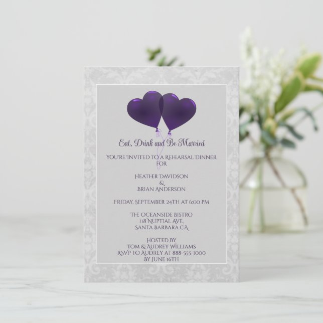 Purple Heart Balloons Rehearsal Dinner Invitation (Standing Front)