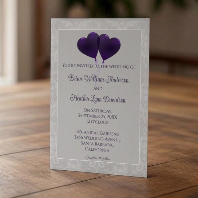 Purple Heart Balloons Wedding Invitation (Purple Heart Balloons Wedding Invitation)