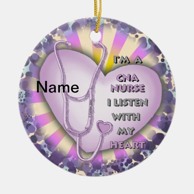 Purple Heart CNA Nurse Ceramic Tree Decoration (Front)
