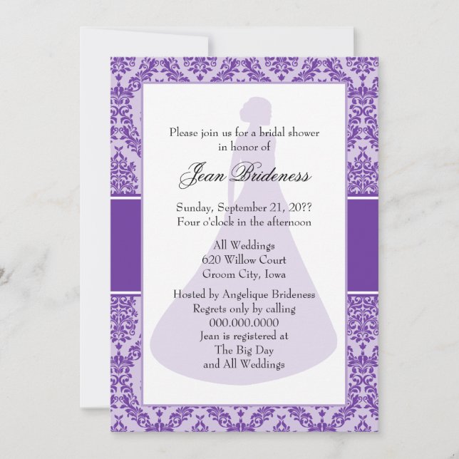 Purple Heart Damask Bridal Shower Invitation (Front)