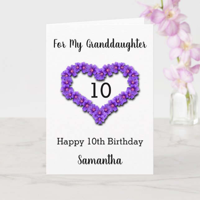 Purple Heart Flower 10th Birthday Granddaughter Card (Orchid)