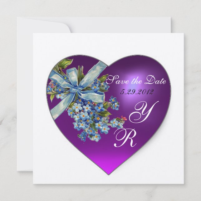 PURPLE HEART FORGET ME NOT MONOGRAM Silver Metal Invitation (Front)