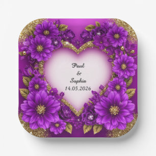 Purple Heart Frame with Glitter and Flowers Paper Plate
