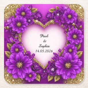 Purple Heart Frame with Glitter and Flowers Square Paper Coaster