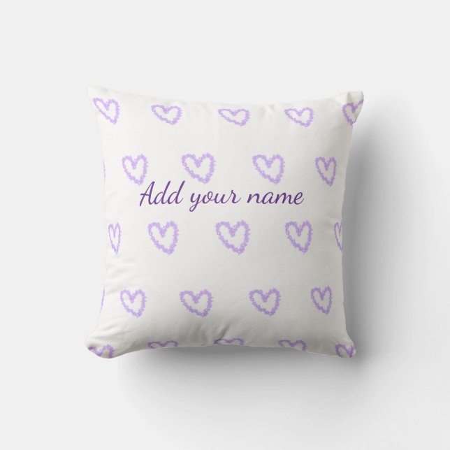 Purple heart glitter sparkle pattern add name text cushion (Front)