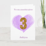 Purple Heart Gold Glitter 3rd Birthday Card<br><div class="desc">A personalised 3rd birthday card featuring a purple watercolor heart and a gold glitter three. You can personalise the front of this 3rd birthday card with her name. Please note there is not actual glitter, but a glitter design effect. There is a sweet birthday message inside, which can also be...</div>