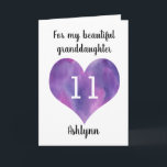Purple Heart Happy 11th Birthday Granddaughter Card<br><div class="desc">A personalised watercolor heart 11th birthday card for granddaughter that features a purple heart. You can personalise the heart with the age you need and add her name underneath the heart. The inside card message reads a heartfelt birthday message, which you can easily personalise if wanted. The back of this...</div>