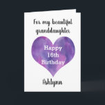 Purple Heart Happy 16th Birthday Granddaughter Card<br><div class="desc">A pretty, watercolor purple heart featured on the front of this happy 16th birthday granddaughter card, which you can personalise underneath with her name. The inside card message reads "I hope that today and every day is filled with lots of love, laughter & fun. I love you, always. Happy 16th...</div>