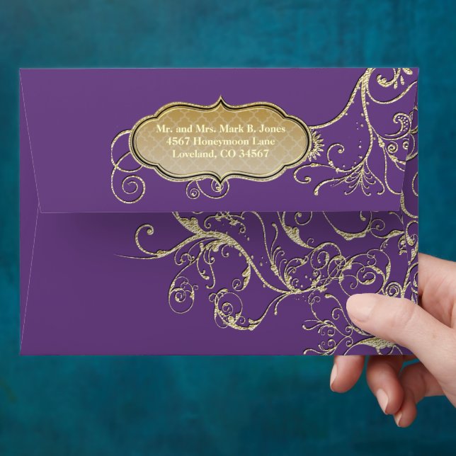 Purple Heart Leaf Tree Gold Swirl Wedding Envelope (Hand)