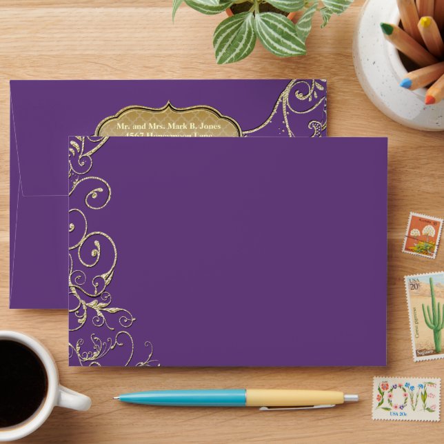 Purple Heart Leaf Tree Gold Swirl Wedding Envelope (Desk)