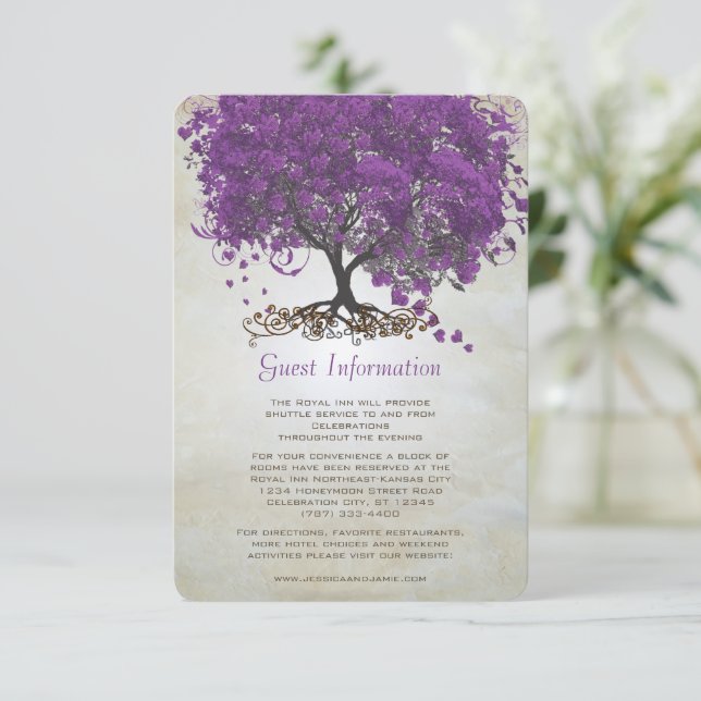 Purple Heart Leaf Tree Wedding Information Card (Standing Front)