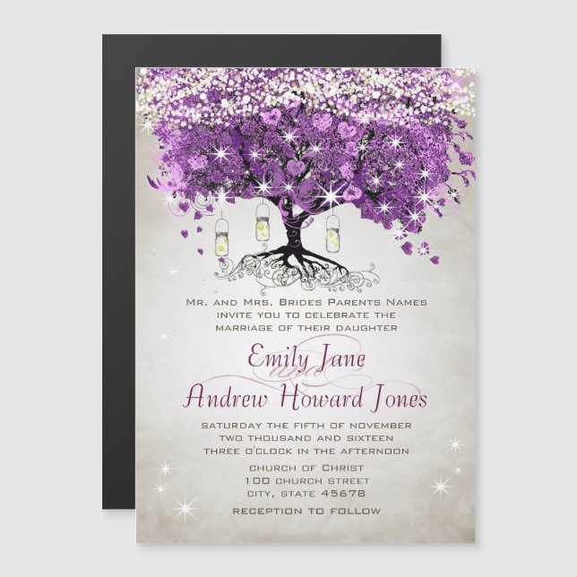Purple Heart Leaf Tree Wedding Invitations (Front/Back)
