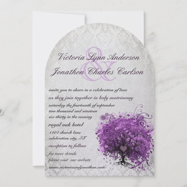 Purple Heart Leaf Tree Wedding Invitations (Back)