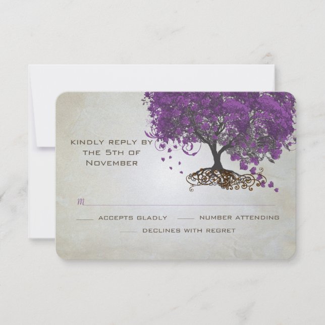 Purple Heart Leaf Tree Wedding RSVP Card (Front)