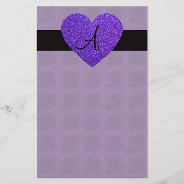 Purple heart monogram roses stationery (Front)