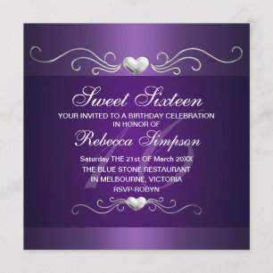 Purple Heart Sweet Sixteen Birthday Invitation