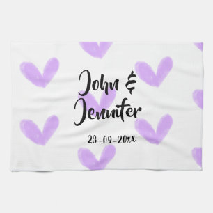 Purple heart watercolor valentine's couple name da tea towel