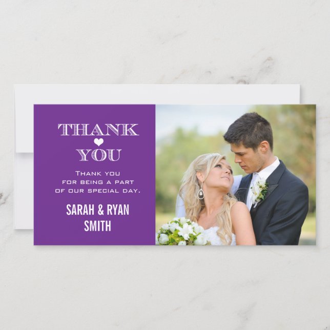 Purple Heart Wedding Photo Thank You Cards (Front)