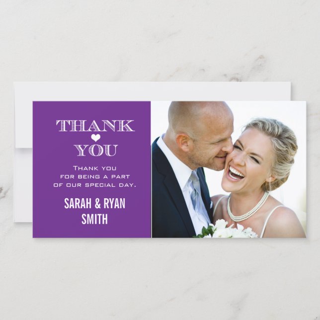 Purple Heart Wedding Photo Thank You Cards (Front)