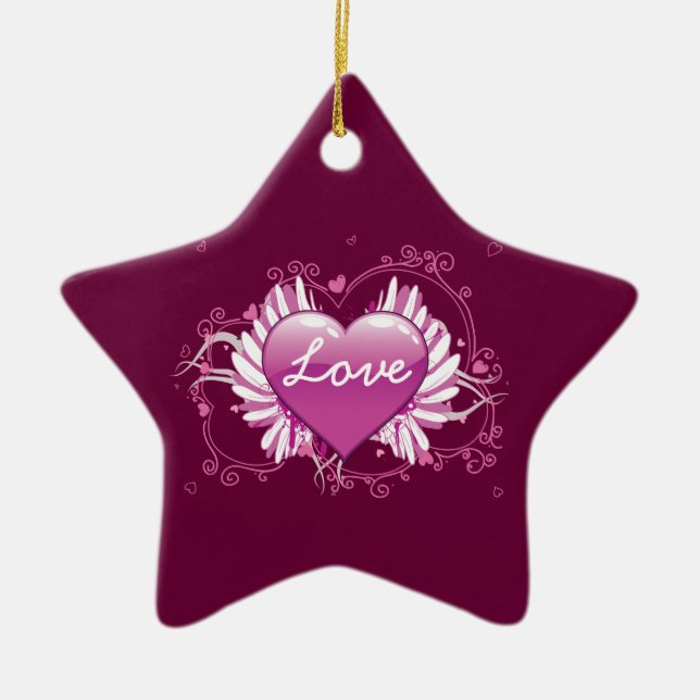 Purple heart wings swirls Love Valentine's Day Ceramic Ornament (Front)