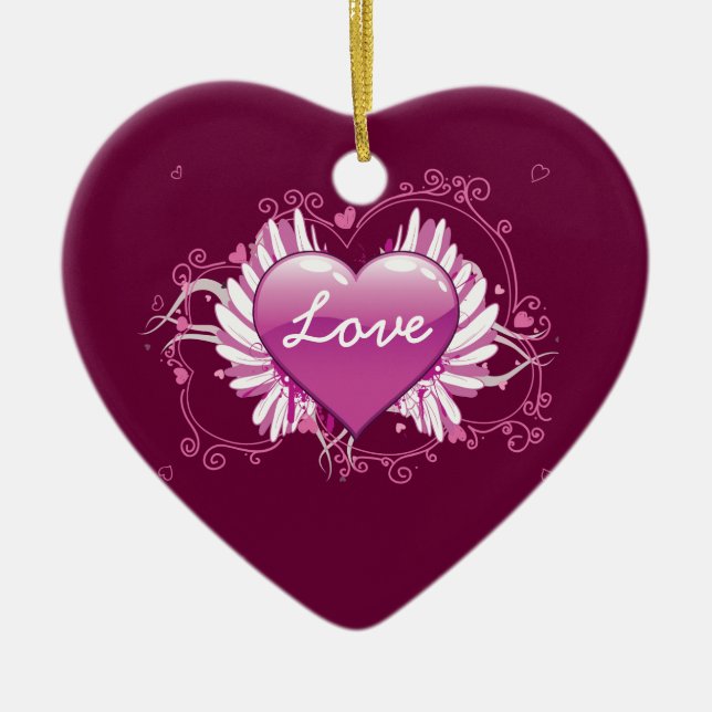 Purple heart wings swirls Love Valentine's Day Ceramic Tree Decoration (Front)