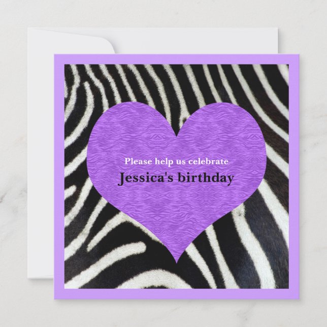 Purple Heart with Zebra Print Party Invitation (Front)