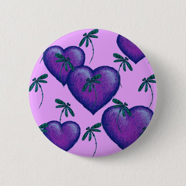 Purple Hearts and Dragonflies 6 Cm Round Badge (Front)