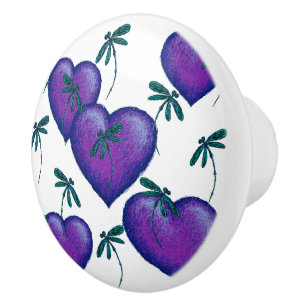 Purple Hearts and Dragonflies Ceramic Knob