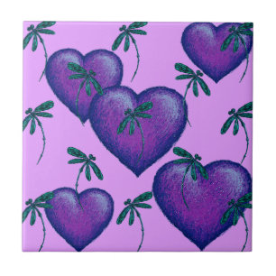 Purple Hearts and Dragonflies Ceramic Tile