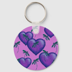 Purple Hearts and Dragonflies Key Ring