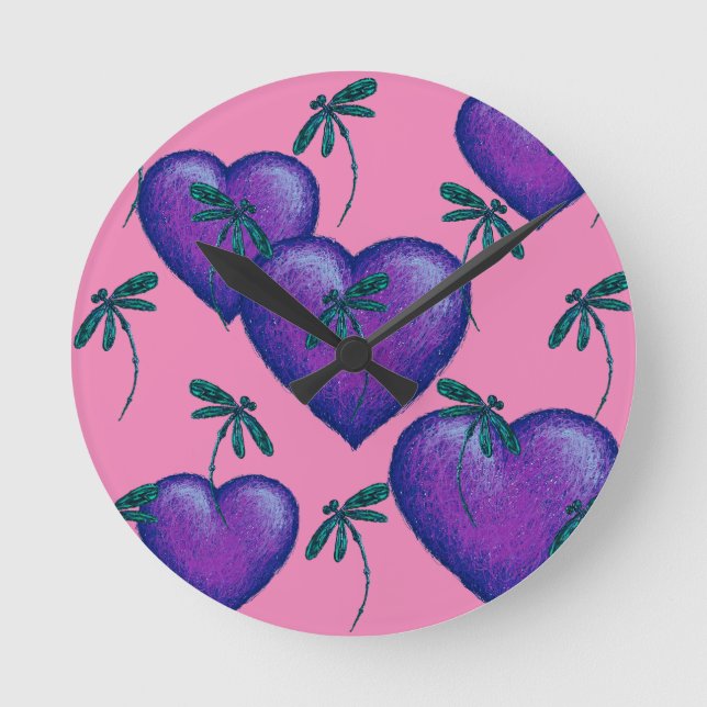 Purple Hearts and Dragonflies Round Clock (Front)