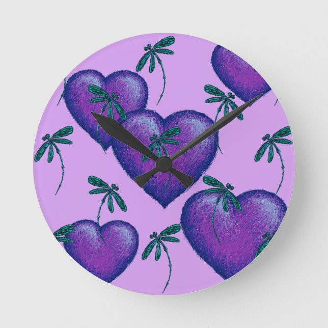Purple Hearts and Dragonflies Round Clock (Front)