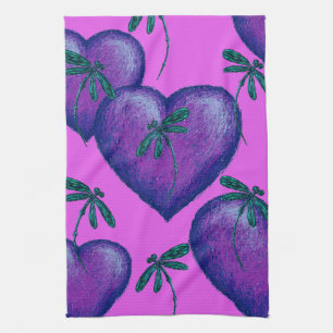 Purple Hearts and Dragonflies Tea Towel
