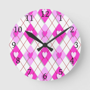 Purple Hearts Argyle Round Clock